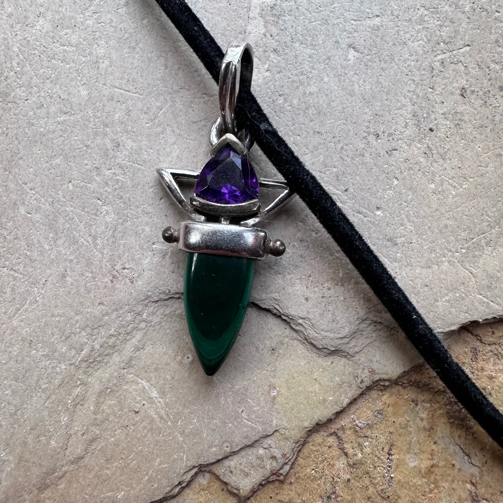 Amethyst and malachite with sterling pendant necklace with black cord